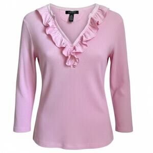 Lauren Ralph Lauren Pink Ruffle Henley Top M Ribbed Cotton Coquette Cottagecore